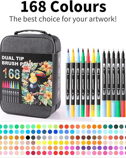 Dual Tip Markers, Brush Art Markers Set with Fine Tip and Brush Tip for Adult Coloring Book, Hand Lettering, Calligraphy & Drawing, Professional Art Supplies Kit for Adults (168 Colors)