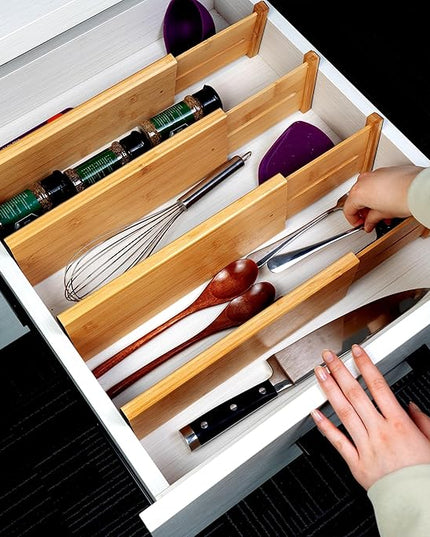 Utoplike Bamboo Dresser Drawer Dividers, 4'' High Adjustable Drawer Organizers for Clothing, Spring Loaded, Works in Kitchen, Bathroom, Bedroom, Drawer, Desk, 4 pcs