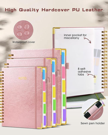 Hardcover Spiral Notebook journal with Removable Dividers Tabs, 300 Pages Leather 5 Subject Notebook College Ruled, 100GMS Notebooks for Work School Note taking,Lined Journal for Women,A5 Rose gold