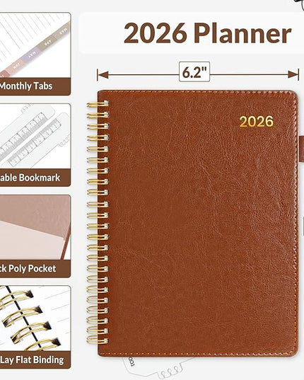 SUNEE 2026 Weekly & Monthly Planner 6.4"x8.5"- 12 Month (January 2026 - December 2026), Vegan Leather Cover, Pocket, Bookmark, Notes, Monthly Tab, Brown