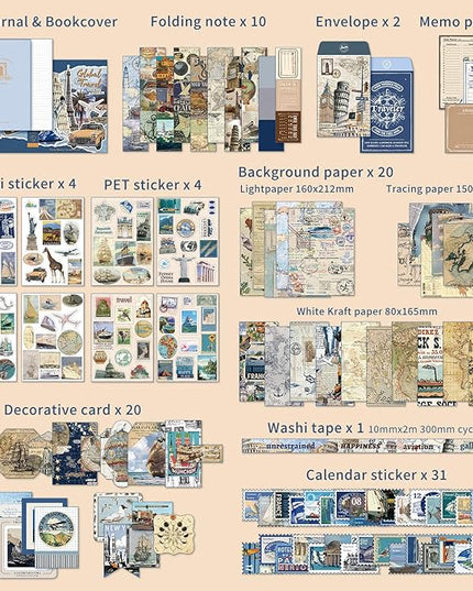 emmoolife Scrapbooking Supplies Kit, Daily Life World Travel Scrapbook Kit for Bullet Junk Journal, Stationery, A6 Grid Notebook, DIY Journaling Supplies, Birthday Craft Gift Teen Women