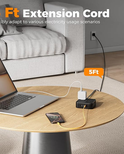 TESSAN Surge Protector Power Strip Black, 5 Ft Flat Plug Extension Cord with 3 USB (1 USB C) 8 Outlets, 900J Surge Protection, 3 Sided Outlet Extender with Power Switch for Office, Dorm Room