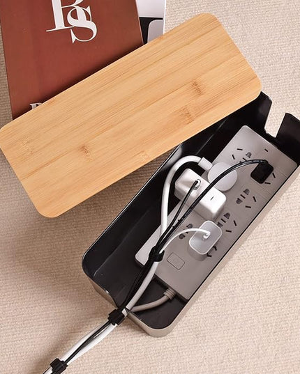 Cable Management Box - Wooden Style Cord Organizer Box to Hide Wires & Power Strips | Desk Computer Cable Organizer Box | Safe ABS Material | 12.6" (L) x 5.3" (W) 4.9" (H) | for Home & Office - Black