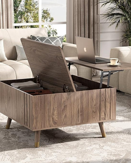 JOINICE 32" Square Lift Top Coffee Table with Storage,Mid Century Modern Walnut Center Table with Rising Desktop for Living Room, Brown Wood Finish