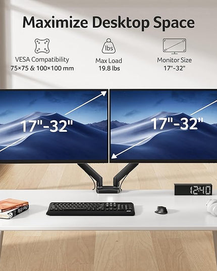 Acer Dual Monitor Arm, Computer Desk Arm with VESA Mounts for 17–32″ Screens, Fully Adjustable Gas Spring Monitor Stand, C-Clamp and Grommet Mounting Base, Fits 4.4 to 19.8lbs Computer Monitors
