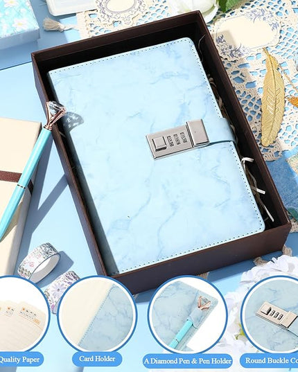 Janlaugh DIY Journal Diary with Lock Set Scrapbook Kit Stationary Diary Supplies Art Crafts Kit for Birthday Holidays Ideal Gifts for Women Teen Girls (Blue,Cute)