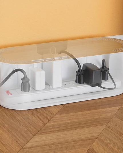 D-Line Cable Management Box, Power Strip Holder, Floor Outlet Hiders, Desk Cord Organizer, Cover TV Wires, Wire Storage, Extension Hider, Office Concealer for Cords - Large, Wood-Effect Lid