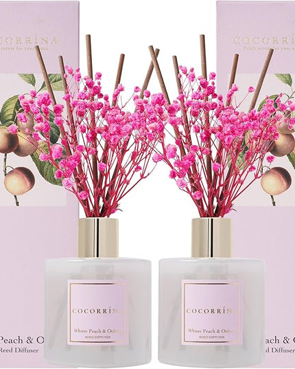 Cocorrína Reed Diffuser Set - White Peach& Oolong Reed Diffuser 2 Packs 6.7oz Scent Fragrance Oil Diffuser for Bedroom Bathroom