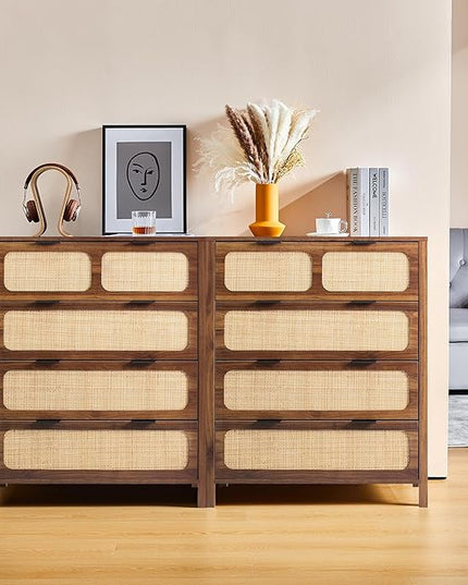 LEVNARY 4 Drawer Dresser Set of 2, Rattan Dressers Storage Cane Cabinet, Wooden Chest of Drawers Dresser for Bedroom, Entryway, Living Room (2, Walnut)