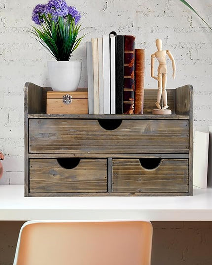 Besti Wooden Office Desk Organizer - Organizing Tool for Desktop, Cubicle, Bedroom, Kitchen - Vintage Style Organization Caddy with Top Tray Shelf & 3 Drawers - 13.6x9x7 Inches (Rustic)