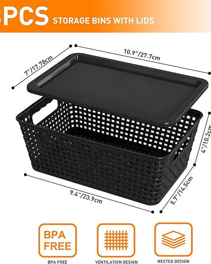 Plastic Storage Baskets With Lid, Storage Bins for Organizing, Stackable Decorative Containers for Shelves Drawers Desktop Closet Playroom Classroom Office, 8 Pack-Black