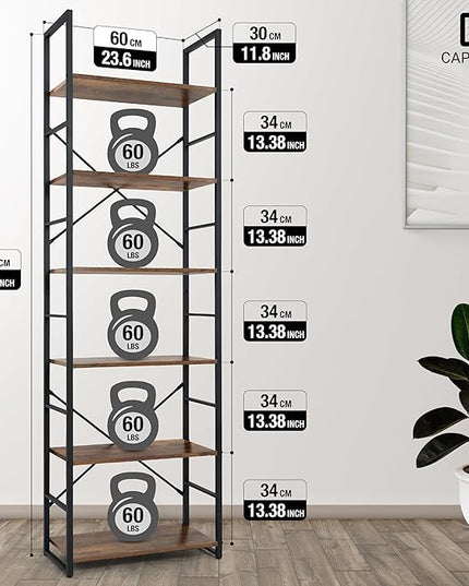 CAPHAUS 6 Tier Bookshelf, 24 Inch Width Free Standing Shelf, Bookcase Shelf Storage Organizer, Industrial Book Shelves for Home Office, Living Room, Kitchen, Rustic Oak Vintage Shelves & Metal Frame