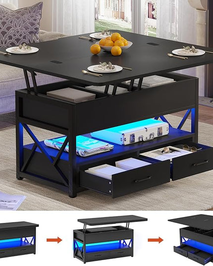 Itaar 40" Lift Top Coffee Table, 4 in 1 Coffee Tables with Storage for Living Room, Small Farmhouse Coffee Table with 2 Drawers & LED Light for Dining Reception Room, Black