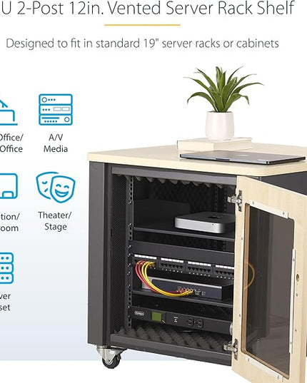 StarTech.com 1U Vented Server Rack Shelf, 12in/31.5cm Mounting Depth, for 19" Rack/Cabinet, SPCC Steel, Max 25lb/11.3kg
