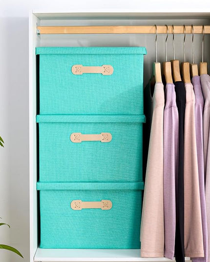 Enzk&Unity Decorative Storage Bins with Lids, Fabric Linen Foldable Storage Box with Handle Home Organizer for Shelf, Closet, Bedroom, Living Room, Office, 3 Packs, Teal
