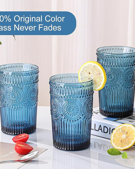 Vintage Glassware Drinking Glasses Set of 6,13 oz Blue Textured Flower Design Glass Water Tumblers，Embossed Striped Drinkware for Water,Cocktails,Juice,Iced Coffee