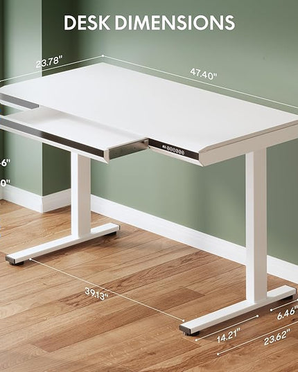 FLEXISPOT One-Piece 48" Standing Desk with Acrylic-Front Drawer, Fast-Assembly Ergonomic Sit-to-Stand Desk with MDF Top, 4 Height Memory Presets Touch-Control, Home Office Computer Workstation, White