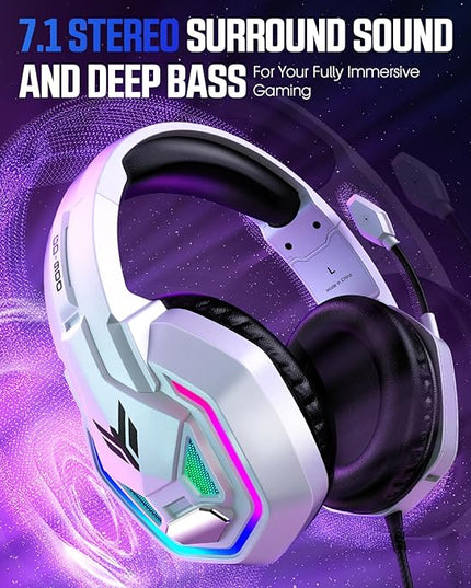 Gaming Headset for PS5, PS4, Xbox Series X|S, Xbox One, PC, Switch, Mac - RGB Over-Ear Headphones with 7.1 Surround Sound, Noise Cancelling Mic, 50mm Drivers & Memory Earmuffs for Nintendo 64