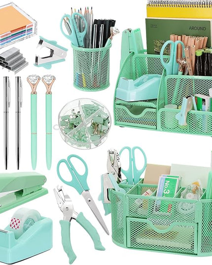 17 in 1 Green Desk Organizers and Accessories Set, 3 Office Desk Supplies Storage Organization, 4 Pens, Stapler, Staples & Remover, Tape & Dispenser, Scissors, Ruler, Clips, Hole Punch, Back to School