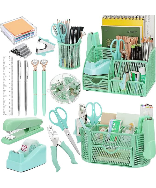17 in 1 Green Desk Organizers and Accessories Set, 3 Office Desk Supplies Storage Organization, 4 Pens, Stapler, Staples & Remover, Tape & Dispenser, Scissors, Ruler, Clips, Hole Punch, Back to School