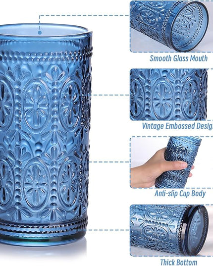 Blue Drinking Highball Beverage Glass Cup, Vintage Drinking Glasses, Colored Glassware Set for Party Wedding, Home, Office, Water, Juice, Cocktail, Highball Glasses Set of 4