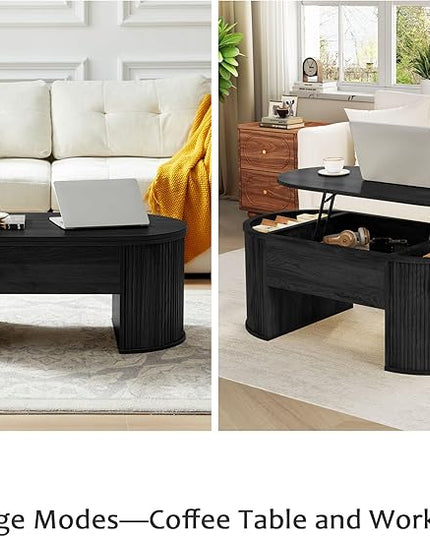 QHITTY Fluted Coffee Table with Lifting Top, Oval Wood Lift Top Coffee Table with Hidden Compartment, Mid Century Pull up Center Tables for Living Room, Office - Black