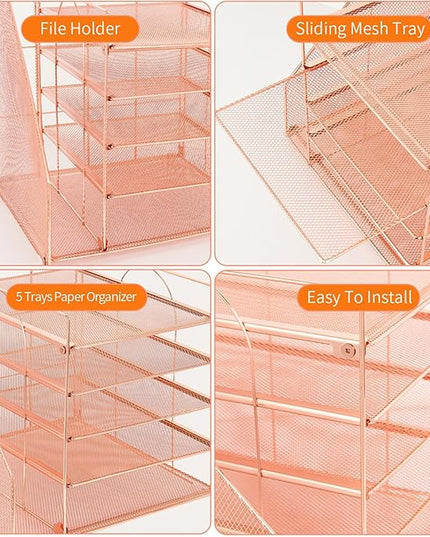 LEKETREE Desk Organizers and Accessories, 5-Tier Paper Letter Tray Organizer with File Holder, Desktop Organizer for Office Supplies (Rose Gold)