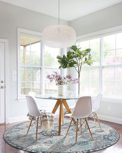Lahome Moroccan Trellis Round Rug, 5ft, Blue, Faux Wool, Machine Wash, Non-Slip Backing, Low Pile, Floral Pattern, Area Rug for Bedroom, Living Room, Bathroom