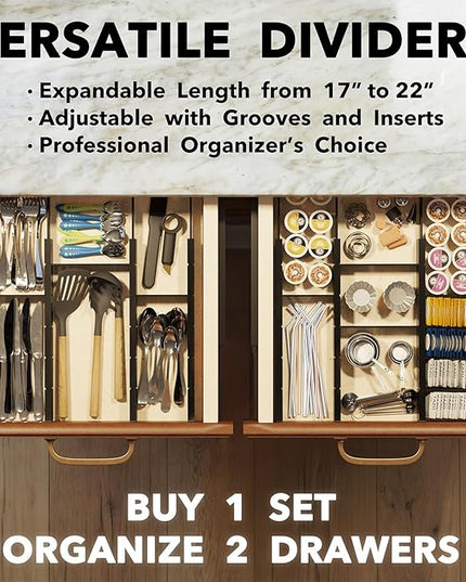 SpaceAid Bamboo Drawer Dividers with Inserts and Labels, Kitchen Adjustable Drawer Organizers, Expandable Organization for Home, Office, Dressers, 10 Dividers with 24 Inserts (17"-22" Black)