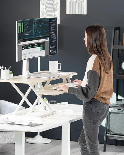 VIVO 42 inch Desk Converter, K Series, Height Adjustable Sit to Stand Riser, Dual Monitor and Laptop Workstation with Wide Keyboard Tray, Light Wood Top, White Frame, DESK-V042KF