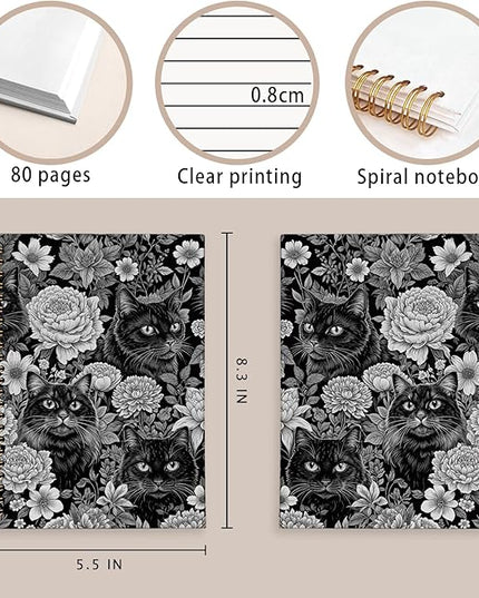 Cat Notebook Journal, Vintage Black White Floral Cats Spiral Notebook for School Supplies, Cat Lover Gifts for Women Men, Black Cat Gifts for Girls 5.5x8.3 Inch