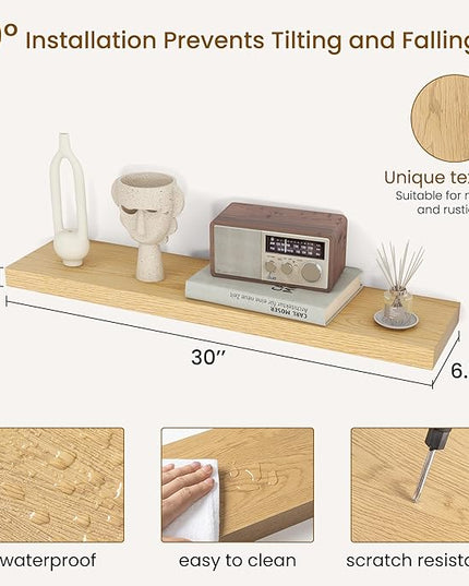 Dreamland 30Inch Floating Shelves for Wall, Rustic Wooden Floating Shelves for Bathroom|Bedroom|Kitchen, 2 Pack Deep Wall Mounted Book Shelf, Wood Storage Display Shelf for Home Decor, Oak