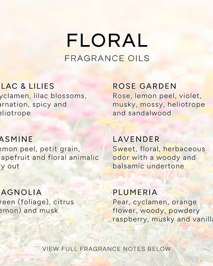 Eternal Essence Oils Floral Set of 6 Premium Fragrance Oils - Lavender, Lilac Lillies, Jasmine, Plumeria, Rose Garden, Magnolia Scented Oil - for Diffusers, Candle & Soap Making, & Aromatherapy
