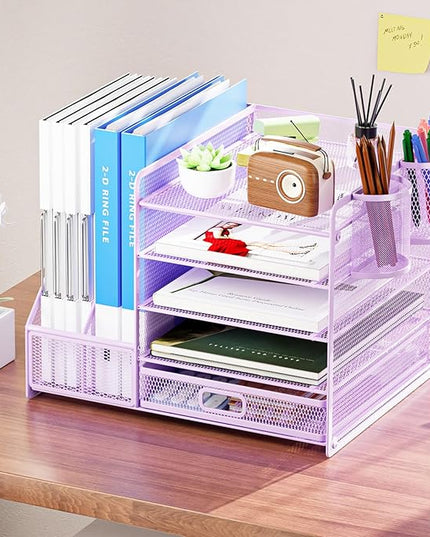 Marbrasse Desk Organizer with File Holder, 5-Tier Paper Letter Tray Organizer with Drawer and 2 Pen Holder, Mesh Desktop Organizer and Storage with Magazine Holder for Office Supplies(Purple)