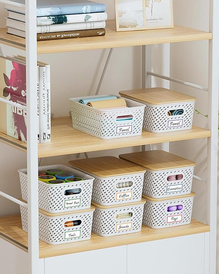 8 Packs Plastic Storage Bins with Bamboo Lids - Stackable Storage Bins Decorative Small Basket Containers for Organizing Shelves Office Classroom Desktop Closet, Cream White