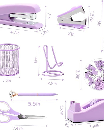 Purple Office Supplies, Purple Desk Accessories, Stapler, Staple Remover, Tape Holder, Pen Holder, Ballpoint Pen, Scissor, Binder Clips, 1000 Staples, Phone Holder, Ruler, Transparent Glue and Notes
