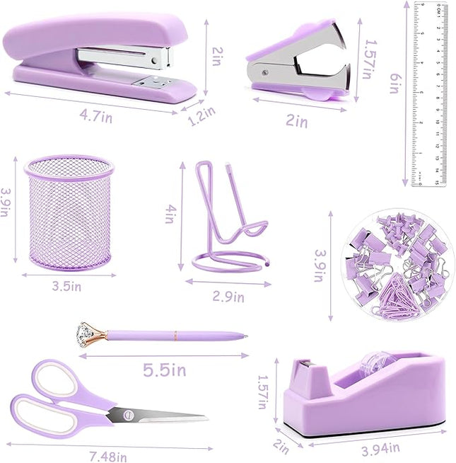 Purple Office Supplies, Purple Desk Accessories, Stapler, Staple Remover, Tape Holder, Pen Holder, Ballpoint Pen, Scissor, Binder Clips, 1000 Staples, Phone Holder, Ruler, Transparent Glue and Notes