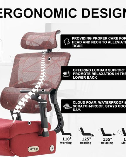 Dual-Motor Home Office Chair with Lumber Support, Reclining Mesh Chair with Footrest, 3D Headrest & 6D Armrests, Reclining Big and Tall 400LBS,Adjustable Back High（Red