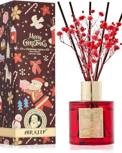 Airkeep Christmas Reed Diffuser Set - 3.38 fl oz (100 ml) Christmas Spice Oil for Home Fragrance, Bathroom Shelf Decor - Christmas Day with 8 Sticks
