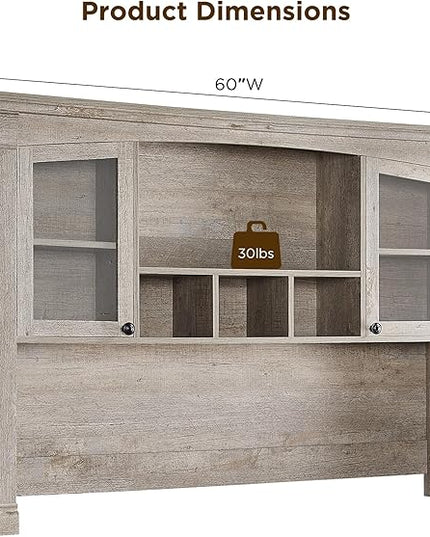 OKD Farmhouse Hutch for 60" Executive Desk, Office Desk Storage Cabinet with Glass Doors and Shelves, Top Hutch Organizer for Home Office - Light Rustic Oak