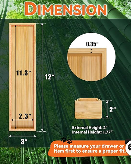 Bamboo Drawer Organizer, Narrow Stackable Cutlery Tray for Kitchen, 2 Pcs Silverware & Utensil Box, 12" x 3" x 2" (Outer), 11.3" x 2.3" x 1.77" (Inner)