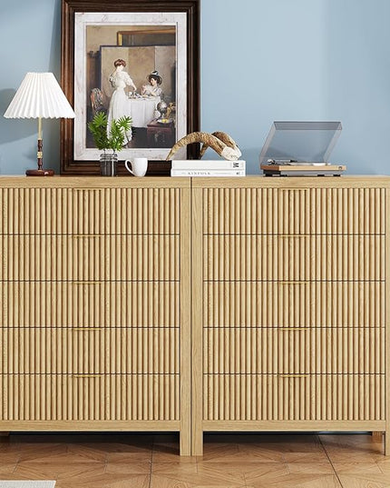 JZXSHD 43" 5 Tall Drawer Dresser Organizer TV Drawer Cabinet Modern Wood Storage Cabinet, Modern Wood Storage Cabinet for Bedroom, Hallway, Entryway, Natural Oak