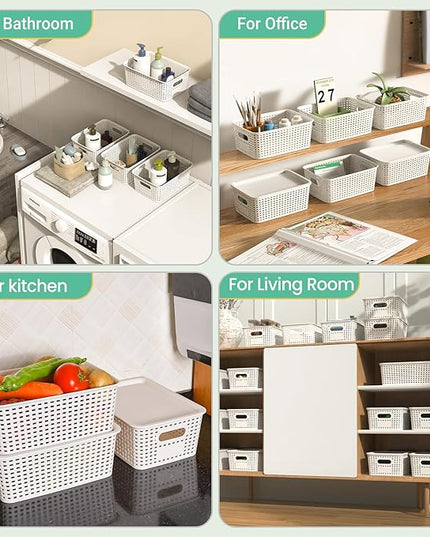 Plastic Storage Baskets with Lid - Plastic Storage Containers Stackable Storage bins: Storage Baskets for Organizing Shelves Drawers Desktop Closet Playroom Classroom Office, 8 Pack-White