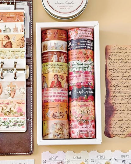Bomichi Christian Washi Tape, 16 Rolls Aesthetic Colored Decorative Cute Scrapbook Tape for Scrapbooking Supplies Journaling Craft Junk Journal