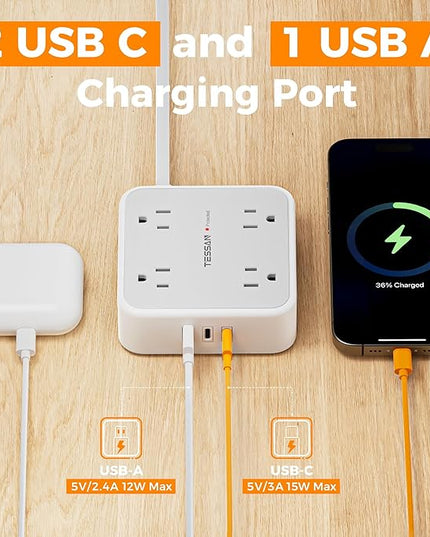 Surge Protector Power Strip, TESSAN Flat Plug Extension Cord with Multiple Outlets, 8 AC Outlets, 3 USB Ports(2 USB C), 5 Ft, 900 Joules Protection, 3-Sided Charging Station for Home Office Dorm Room