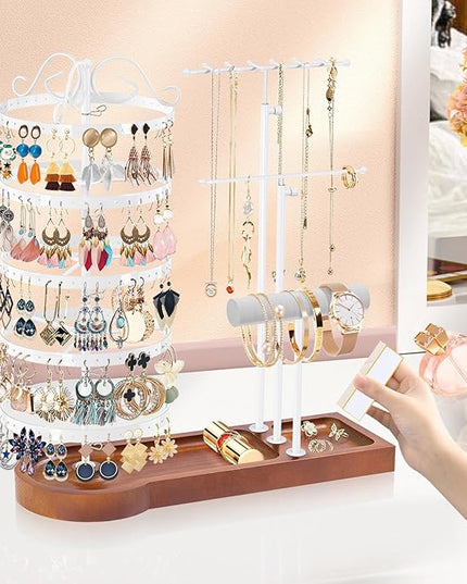 KALYLOC Jewelry Earring Holder Organizer, Adjustable 5 Tiers Rotating Earring Holder 3 Tier Necklace Holder with Wooden Base, Multi-Functional Jewelry Organizer Display Stand for Studs Bracelet Women