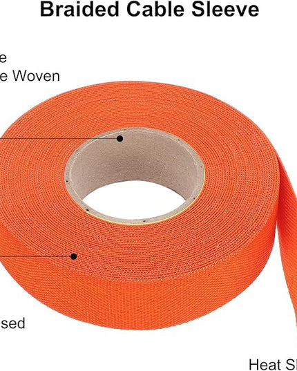 MECCANIXITY Braided Cable Sleeves Heat Shrinkable Fabric Sleeving, 7/8" 40ft Orange 2:1 Ratio Heat Shrinkable Cord Protector for Harness Cable, Network Cable Protection, Cable Management