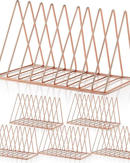 Shimeyao 6 Pieces Magazine Holder Triangle File Holder Book Record Metal Vinyl Record Storage Magazine Rack Multifunction Triangle File Organizer Sorter for Decor Home Office (Rose Gold)
