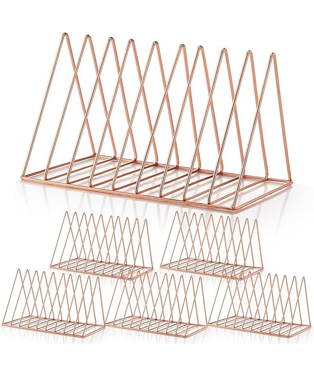 Shimeyao 6 Pieces Magazine Holder Triangle File Holder Book Record Metal Vinyl Record Storage Magazine Rack Multifunction Triangle File Organizer Sorter for Decor Home Office (Rose Gold)