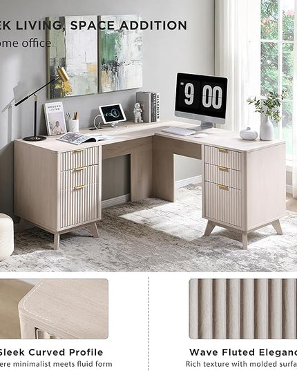 T4TREAM 60" Fluted Executive L Shaped Desk, Modern Home Office Desk with Charging Station and File Drawer, Computer Corner Desks with Drawers & Storage Cabinet for Office Home, Bedroom, Alder White